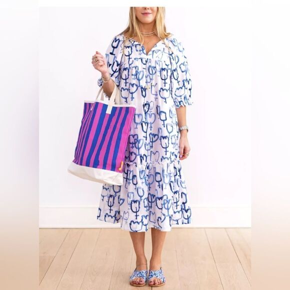 Kerri Rosenthal Joan Midi Dress Waves Artistic Tulip Print Blue White XS - Picture 1 of 6
